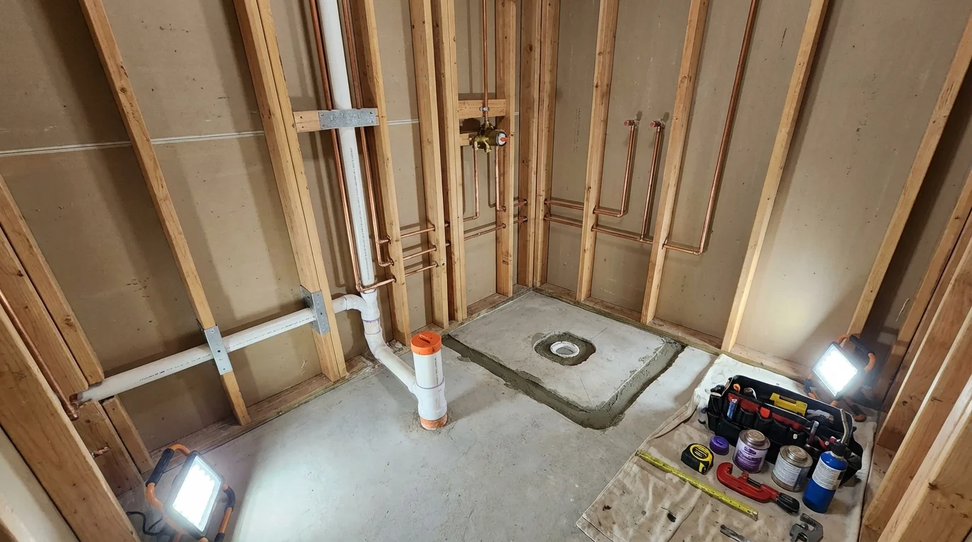 Bathroom rough-in plumbing during remodel by Johns Plumbing LLC in Mount Laurel