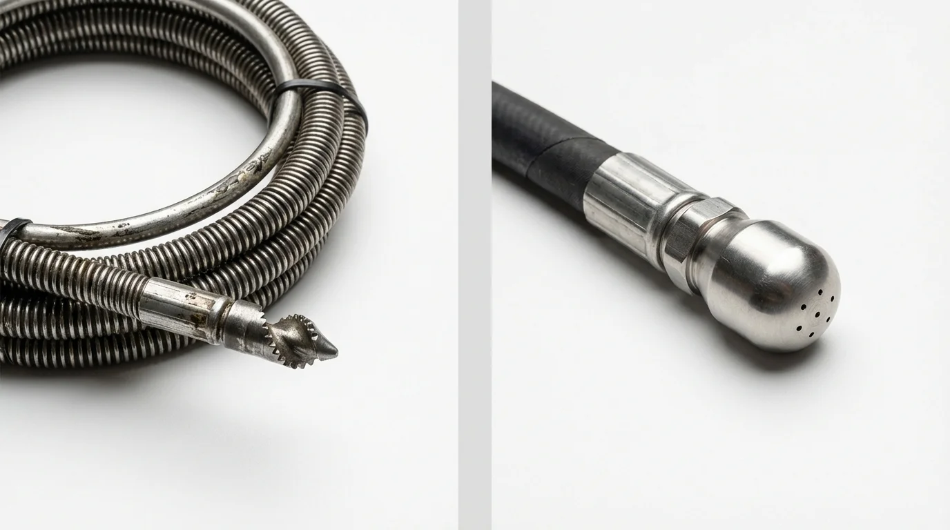 Drain snake cable and hydro jetting nozzle used for drain cleaning in Mount Laurel, NJ